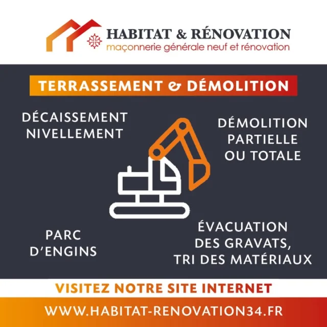 Terrassement & démolition Préparation de terrain, décaissement, nivellement, démolition partielle ou complète……