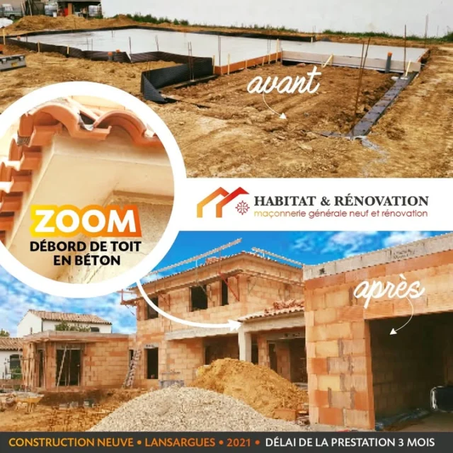 Construction d’une maison individuelle. Zoom sur les débords de toiture en béton.…